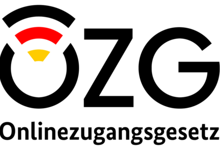 Logo Onlinezugangsgesetz. Die Buchstaben OZG in Versalien den Farben der Deutschlandflagge im Buchstaben O. Darunter das Wort Onlinezugangsgesetz.