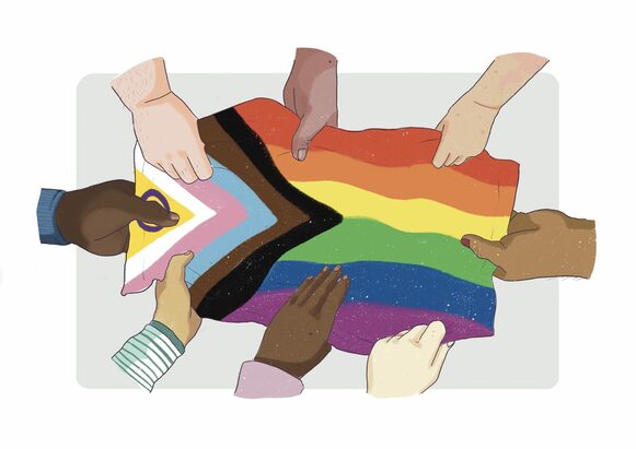 Viele Hände an einem Regenbogen-Shirt