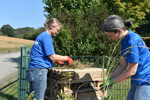 Befüllung eines Insektenhotels mit Holz und Heu